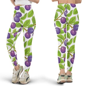 Plum Leggings, Fruit Print, Cute Leggings, Fun Fashion, All Over Print, Purple Leggings, Yoga Pants, Workout Clothes, Gift for Her