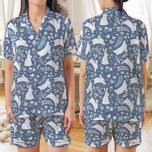 Boho Easter Bunny Satin Pajama Set | Women's Short Sleeve Sleepwear (Polyester) image 3