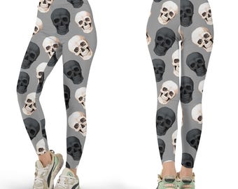 Skull Print Leggings, Edgy Grunge Yoga Pants, Gothic Graphic Tights, Rock and Roll Aesthetic Activewear, Bold Alternative Style Gift