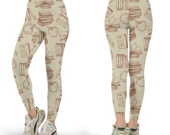 Vintage Book Sketch Leggings, Librarian, All Over Print Yoga Pants