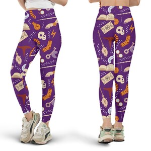 May include: Purple leggings with a repeating pattern of a skull, lightning bolt, glasses, socks, a broom, and a book. The leggings are made of a stretchy material and are suitable for athletic activities or casual wear.