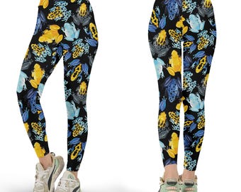 Poison Dart Frog Leggings - All Over Print Yoga Pants, Unique Tropical Amphibian Pattern Tights, Vibrant Nature Graphic Stretchy Athleisure