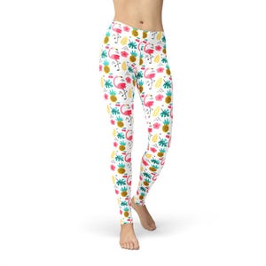 Pineapple Flamingo Leggings, All Over Print, Tropical Pattern, Beach Vibes, Summer Fashion, Cute Workout, Yoga Pants, Fruit and Birds