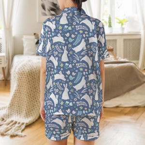 Boho Easter Bunny Satin Pajama Set | Women's Short Sleeve Sleepwear (Polyester) image 2