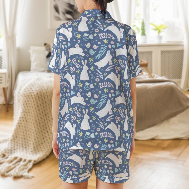 Boho Easter Bunny Satin Pajama Set | Women's Short Sleeve Sleepwear (Polyester) image 2