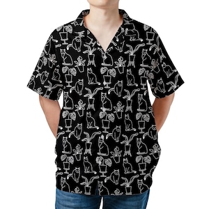 Camisa hawaiana unisex con estampado integral de gato negro para hombre y mujer / Camisa de playa Aloha de manga corta, regalo informal para amantes de los gatos en vacaciones de verano.