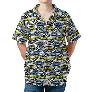 T-shirt med rutig flagga för racerbilar, unisex, kortärmad, Aloha-skjorta, sommarskjorta för motorsportfans