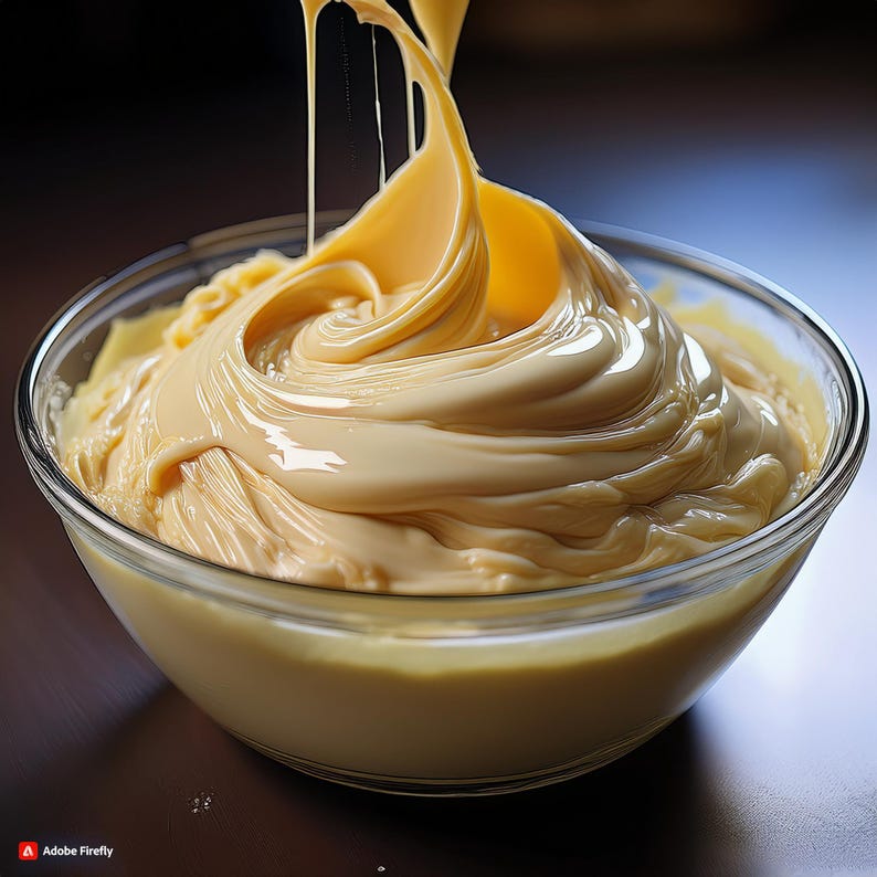 May include: A clear glass bowl filled with a light tan, creamy substance. The substance is being poured into the bowl from above, creating a swirl pattern. The background is dark, highlighting the bowl's contents.