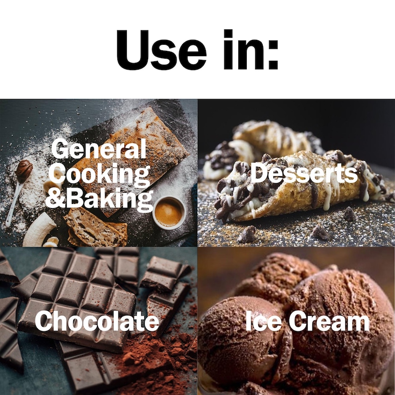 May include: Image with the text "Use in:" above four images. The images show food items: baked goods, cannoli, chocolate bars, and scoops of ice cream. The text "General Cooking & Baking", "Desserts", "Chocolate", and "Ice Cream" are written below each image.