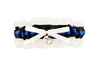 White lace Thin Blue Line Black Organza Wedding Bridal Keepsake Garter - Handcuff Charm - Police Officer Garters