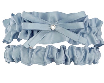 Dusty Blue Satin Wedding Bridal Keepsake Garter Set - Rhinestone