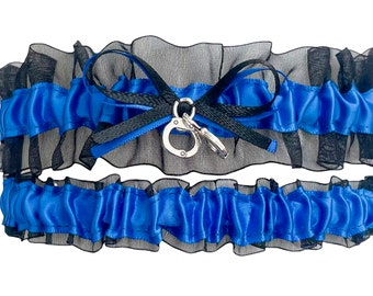 Royal Blue Satin Black Organza Wedding Bridal Garter Set - Handcuff Charm