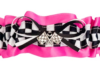 Fuchsia White Black Satin Wedding Checkered Flag Keepsake Bridal Garter - Racing Flag Charm