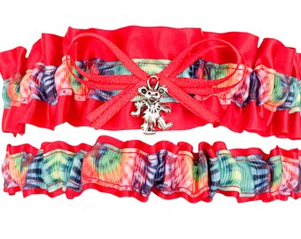 SEXY Red Satin Tie Dye Wedding Prom Bridal Garter Set- Dead Head Bear Charm