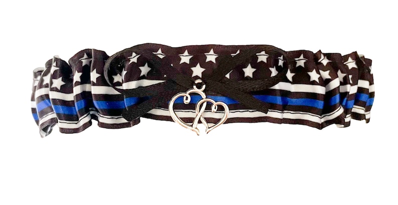 Thin Blue Line Black Satin Wedding Bridal Toss Garter Double Heart Charm image 1