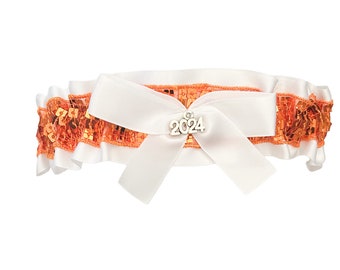 White Satin Orange Sequin Keepsake Toss Wedding Prom Bridal Garter - 2024 Charm - Custom Color Silver Gold or Rose Gold