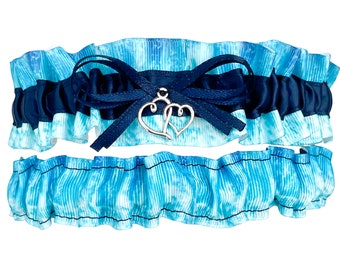 Ocean Water Blue Fishing Camouflage Navy Blue Satin Bridal Wedding Garter Set - Double Heart Charm