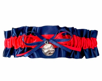 Navy Blue Red Satin Wedding Bridal Keepsake Garter - Baseball Charm