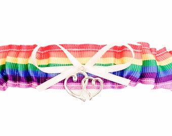 SEXY Ivory Rainbow Wedding Tossing Demi Bridal Prom Garter - Double Heart Charm