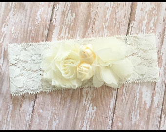 Elegant Chiffon Ivory Shabby Flower Rosette Lace Pearl Bridal Vintage Wedding Keepsake Garter