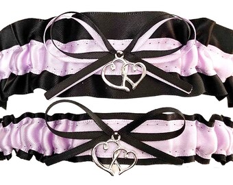 Sexy Black Lavender Purple Satin Wedding Garter Set - Bridal Garters - Double Heart Charm - Prom Weddings Accessories