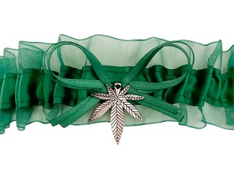 Sexy Dark Hunter Green Organza Satin Wedding Keepsake Garter Weddings Accessories - Silver Leaf Charm