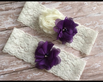 Chiffon Ivory Dark Purple Flower Lace Shabby Pearl Bridal Vintage Wedding Keepsake Or Garter Set