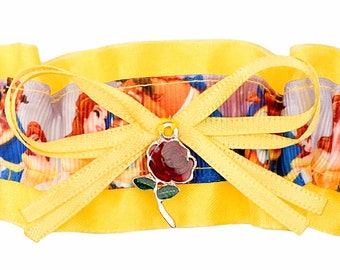 Yellow Organza Satin Beauty Character Princess Inspired Bridal Wedding Keepsake Garter - Red Rose Charm