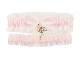 Light Pink White Satin Wedding Bridal Garter SET - Flamingo Gold Crystal Rhinestone Charm