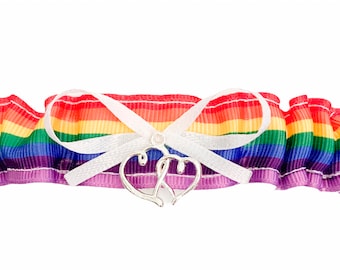 SEXY White Rainbow Wedding Tossing Demi Bridal Garter - Double heart Charm