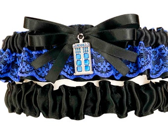 Police Box Black Royal Blue Lace Layered Bridal Satin Wedding Keepsake Garter Something Blue