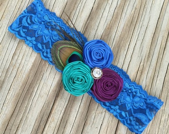 Peacock Rosette Teal Royal Blue & Deep Purple Satin Rhinestone Glam Deep Blue Lace Bridal Garter Vintage Wedding Garter Or Garter Set