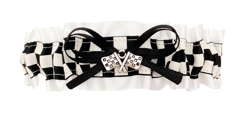 White Black Satin Wedding Keepsake Bridal Garter Racing Flag Charm
