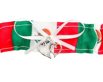 Mexico Inspired Green White Red Flag Wedding Bridal Toss Garter - Double Heart Charm