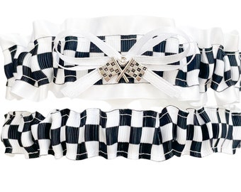 White Black Satin Wedding Checkered Flag Bridal Garter Set - Racing Flag Charm