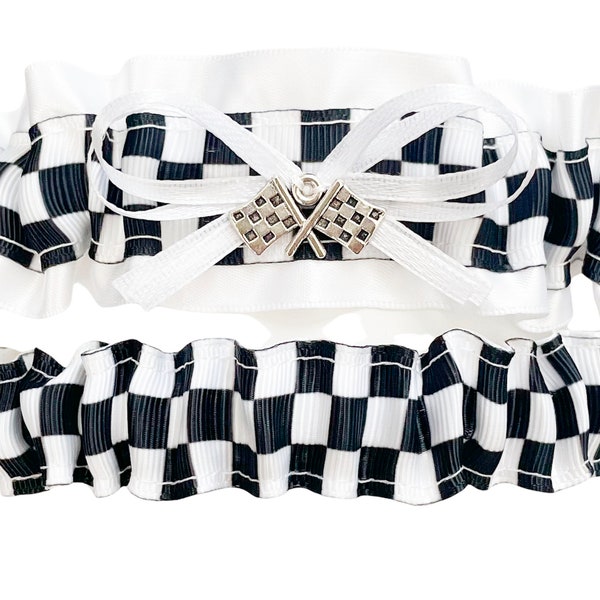 White Black Satin Wedding Checkered Flag Bridal Garter Set - Racing Flag Charm