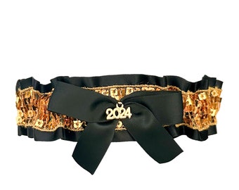 Black Satin Gold Sparkle Sequin Keepsake Toss Wedding Prom Bridal Garter - 2024 Custom Charm