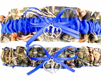 Sexy Camouflage Royal Blue Satin Wedding Prom Bridal Garter Set - Double Heart Charm