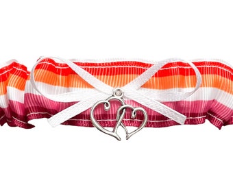 Pink White Orange Stripe Lesbian Pride Wedding Tossing Demi Bridal Prom Garter - Double Heart Charm