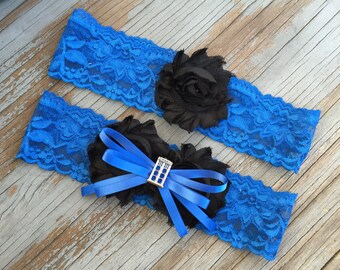 Police Box Character Charm Royal Blue Black Lace Shabby Flower Wedding Garter Set - Something Blue