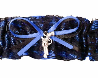 Royal Blue & Black Lace Layered Bridal Satin Wedding Keepsake Garter Something Blue - Police Gun