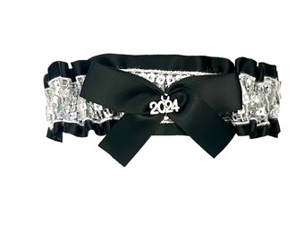 Black Satin Silver Sparkle Sequin Keepsake Toss Wedding Prom Bridal Garter - 2024 Silver Charm