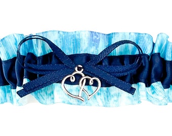 Ocean Water Blue Fishing Camouflage Navy Blue Satin Bridal Wedding Keepsake Garter - Double Heart Charm