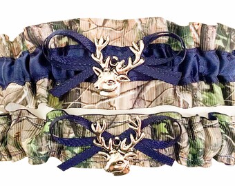 Sexy Camouflage Navy Blue Satin Camo Wedding Bridal Garter SET - Deer Head Charm