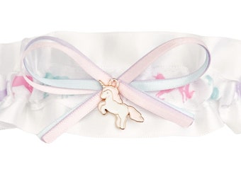 White Satin Unicorn Sparkle Wedding Keepsake Bridal Garter - Pink Unicorn Charm