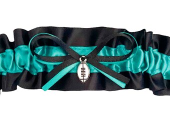 Sexy Black Teal Satin Bridal Wedding Prom Garter Keepsake - Football Charm