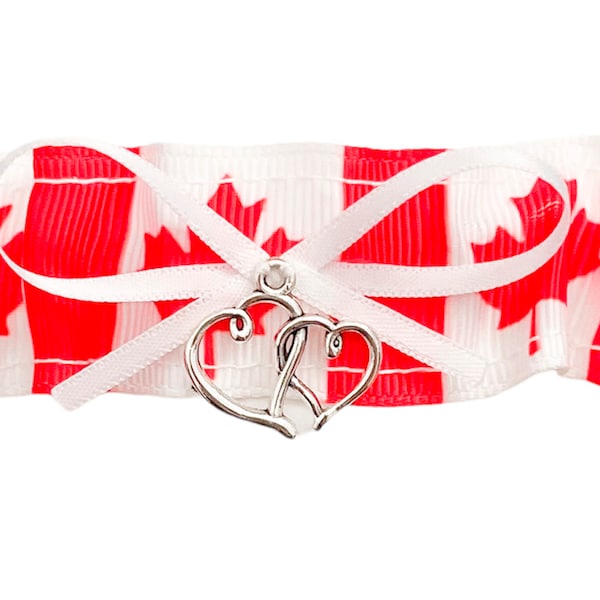 Canada Inspired Red White Flag Wedding Bridal Toss Garter - Double Heart Charm