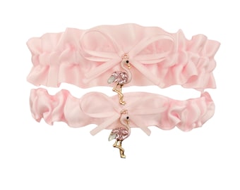 Light Pink Satin Wedding Bridal Garter SET - Flamingo Gold Crystal Rhinestone Charm