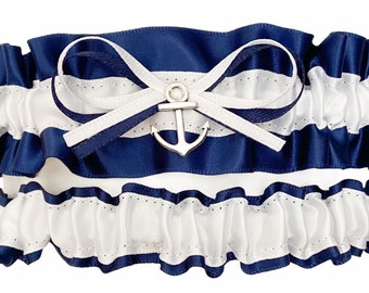 SEXY Nautical Navy Blue White Satin Wedding Bridal Garter SET - Silver Anchor Charm