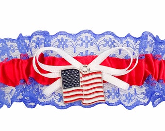 Sexy Royal Blue Lace Red White Satin Wedding Bridal Prom Keepsake Garter - America Flag Charm